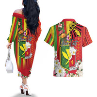 Personalised Hawaii and Philippines Together Couples Matching Off The Shoulder Long Sleeve Dress and Hawaiian Shirt The Emblems with Cultural Symbols Green-Yellow-Red Tricolor