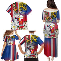 Personalised Hawaii and Philippines Together Family Matching Puletasi and Hawaiian Shirt The Emblems with Cultural Symbols Blue-White-Red Tricolor
