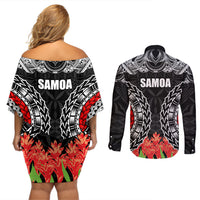 Samoa Siapo Ula Fala Couples Matching Off Shoulder Short Dress and Long Sleeve Button Shirt With Ginger Plant Black Color LT03 - Polynesian Pride
