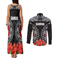 Samoa Siapo Ula Fala Couples Matching Tank Maxi Dress and Long Sleeve Button Shirt With Ginger Plant Black Color LT03 - Polynesian Pride