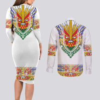 Haiti Flag Traditional Dashiki Couples Matching Long Sleeve Bodycon Dress and Long Sleeve Button Shirt White Color LT03 - Polynesian Pride