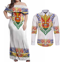 Haiti Flag Traditional Dashiki Couples Matching Off Shoulder Maxi Dress and Long Sleeve Button Shirt White Color LT03 White - Polynesian Pride
