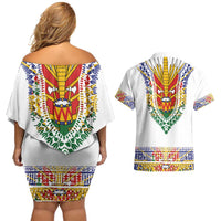 Haiti Flag Traditional Dashiki Couples Matching Off Shoulder Short Dress and Hawaiian Shirt White Color LT03 - Polynesian Pride