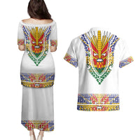 Haiti Flag Traditional Dashiki Couples Matching Puletasi and Hawaiian Shirt White Color LT03 - Polynesian Pride