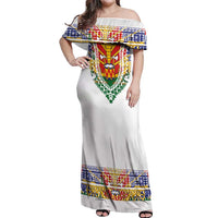Haiti Flag Traditional Dashiki Off Shoulder Maxi Dress White Color - Polynesian Pride