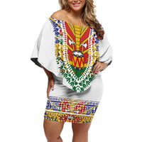 Haiti Flag Traditional Dashiki Off Shoulder Short Dress White Color - Polynesian Pride