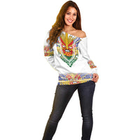 Haiti Flag Traditional Dashiki Off Shoulder Sweater White Color - Polynesian Pride