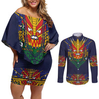 Haiti Flag Traditional Dashiki Couples Matching Off Shoulder Short Dress and Long Sleeve Button Shirt Black Color LT03 Black - Polynesian Pride