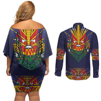 Haiti Flag Traditional Dashiki Couples Matching Off Shoulder Short Dress and Long Sleeve Button Shirt Black Color LT03 - Polynesian Pride
