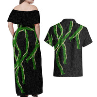 Hawaii Maile Lei Couples Matching Off Shoulder Maxi Dress and Hawaiian Shirt Aloha Black Color