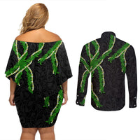 Hawaii Maile Lei Couples Matching Off Shoulder Short Dress and Long Sleeve Button Shirt Aloha Black Color LT03 - Polynesian Pride