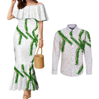 Hawaii Maile Lei Couples Matching Mermaid Dress and Long Sleeve Button Shirt Aloha White Color LT03 White - Polynesian Pride
