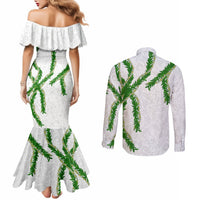 Hawaii Maile Lei Couples Matching Mermaid Dress and Long Sleeve Button Shirt Aloha White Color LT03 - Polynesian Pride