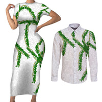 Hawaii Maile Lei Couples Matching Short Sleeve Bodycon Dress and Long Sleeve Button Shirt Aloha White Color LT03 White - Polynesian Pride