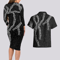 Hawaii Maile Lei Couples Matching Long Sleeve Bodycon Dress and Hawaiian Shirt Aloha Grayscale Color LT03 - Polynesian Pride