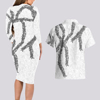 Hawaii Maile Lei Couples Matching Long Sleeve Bodycon Dress and Hawaiian Shirt Aloha The Grey Color LT03 - Polynesian Pride