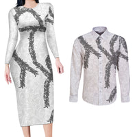 Hawaii Maile Lei Couples Matching Long Sleeve Bodycon Dress and Long Sleeve Button Shirt Aloha The Grey Color LT03 Grey - Polynesian Pride