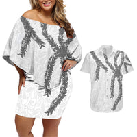 Hawaii Maile Lei Couples Matching Off Shoulder Short Dress and Hawaiian Shirt Aloha The Grey Color LT03 Grey - Polynesian Pride