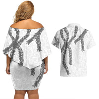 Hawaii Maile Lei Couples Matching Off Shoulder Short Dress and Hawaiian Shirt Aloha The Grey Color LT03 - Polynesian Pride