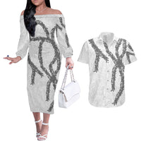Hawaii Maile Lei Couples Matching Off The Shoulder Long Sleeve Dress and Hawaiian Shirt Aloha The Grey Color LT03 Grey - Polynesian Pride