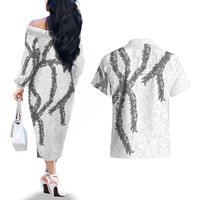 Hawaii Maile Lei Couples Matching Off The Shoulder Long Sleeve Dress and Hawaiian Shirt Aloha The Grey Color LT03 - Polynesian Pride