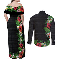 Hawaii Tropical Flowers and Leaves Couples Matching Off Shoulder Maxi Dress and Long Sleeve Button Shirt Tapa Pattern Colorful Mode LT03 - Polynesian Pride