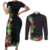 Hawaii Tropical Flowers and Leaves Couples Matching Short Sleeve Bodycon Dress and Long Sleeve Button Shirt Tapa Pattern Colorful Mode LT03 Black - Polynesian Pride