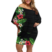 Hawaii Tropical Flowers and Leaves Off Shoulder Short Dress Tapa Pattern Colorful Mode LT03 Women Black - Polynesian Pride