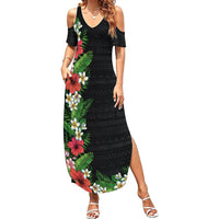 Hawaii Tropical Flowers and Leaves Summer Maxi Dress Tapa Pattern Colorful Mode LT03 Women Black - Polynesian Pride