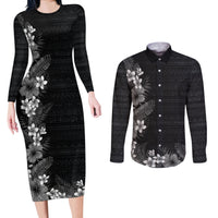Hawaii Tropical Flowers and Leaves Couples Matching Long Sleeve Bodycon Dress and Long Sleeve Button Shirt Tapa Pattern Grayscale Mode LT03 Grayscale - Polynesian Pride