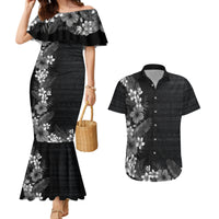 Hawaii Tropical Flowers and Leaves Couples Matching Mermaid Dress and Hawaiian Shirt Tapa Pattern Grayscale Mode
