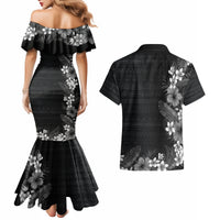 Hawaii Tropical Flowers and Leaves Couples Matching Mermaid Dress and Hawaiian Shirt Tapa Pattern Grayscale Mode