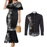 Hawaii Tropical Flowers and Leaves Couples Matching Mermaid Dress and Long Sleeve Button Shirt Tapa Pattern Grayscale Mode LT03 Grayscale - Polynesian Pride