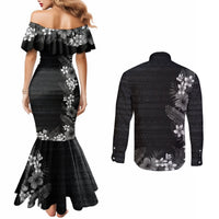 Hawaii Tropical Flowers and Leaves Couples Matching Mermaid Dress and Long Sleeve Button Shirt Tapa Pattern Grayscale Mode LT03 - Polynesian Pride