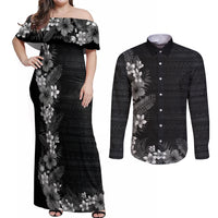 Hawaii Tropical Flowers and Leaves Couples Matching Off Shoulder Maxi Dress and Long Sleeve Button Shirt Tapa Pattern Grayscale Mode LT03 Grayscale - Polynesian Pride