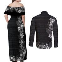 Hawaii Tropical Flowers and Leaves Couples Matching Off Shoulder Maxi Dress and Long Sleeve Button Shirt Tapa Pattern Grayscale Mode LT03 - Polynesian Pride