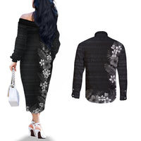 Hawaii Tropical Flowers and Leaves Couples Matching Off The Shoulder Long Sleeve Dress and Long Sleeve Button Shirt Tapa Pattern Grayscale Mode LT03 - Polynesian Pride