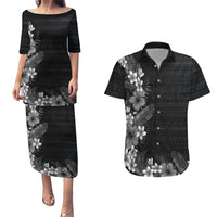 Hawaii Tropical Flowers and Leaves Couples Matching Puletasi and Hawaiian Shirt Tapa Pattern Grayscale Mode LT03 Grayscale - Polynesian Pride