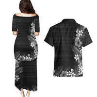 Hawaii Tropical Flowers and Leaves Couples Matching Puletasi and Hawaiian Shirt Tapa Pattern Grayscale Mode LT03 - Polynesian Pride