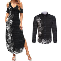 Hawaii Tropical Flowers and Leaves Couples Matching Summer Maxi Dress and Long Sleeve Button Shirt Tapa Pattern Grayscale Mode