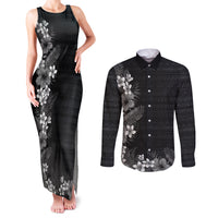 Hawaii Tropical Flowers and Leaves Couples Matching Tank Maxi Dress and Long Sleeve Button Shirt Tapa Pattern Grayscale Mode LT03 Grayscale - Polynesian Pride
