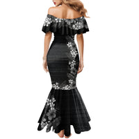 Hawaii Tropical Flowers and Leaves Family Matching Mermaid Dress and Hawaiian Shirt Tapa Pattern Grayscale Mode