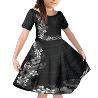 Hawaii Tropical Flowers and Leaves Family Matching Off The Shoulder Long Sleeve Dress and Hawaiian Shirt Tapa Pattern Grayscale Mode LT03 Daughter's Dress Grayscale - Polynesian Pride