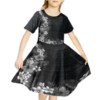 Hawaii Tropical Flowers and Leaves Kid Short Sleeve Dress Tapa Pattern Grayscale Mode LT03 - Polynesian Pride