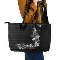 Hawaii Tropical Flowers and Leaves Leather Tote Bag Tapa Pattern Grayscale Mode LT03 - Polynesian Pride