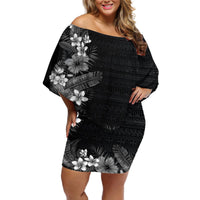 Hawaii Tropical Flowers and Leaves Off Shoulder Short Dress Tapa Pattern Grayscale Mode LT03 Women Grayscale - Polynesian Pride