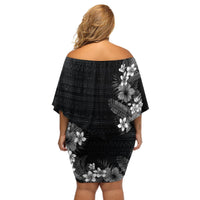 Hawaii Tropical Flowers and Leaves Off Shoulder Short Dress Tapa Pattern Grayscale Mode LT03 - Polynesian Pride