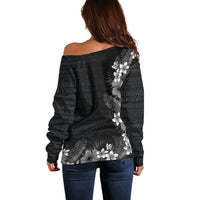 Hawaii Tropical Flowers and Leaves Off Shoulder Sweater Tapa Pattern Grayscale Mode