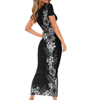 Hawaii Tropical Flowers and Leaves Short Sleeve Bodycon Dress Tapa Pattern Grayscale Mode