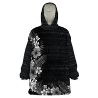 Hawaii Tropical Flowers and Leaves Wearable Blanket Hoodie Tapa Pattern Grayscale Mode LT03 One Size Grayscale - Polynesian Pride